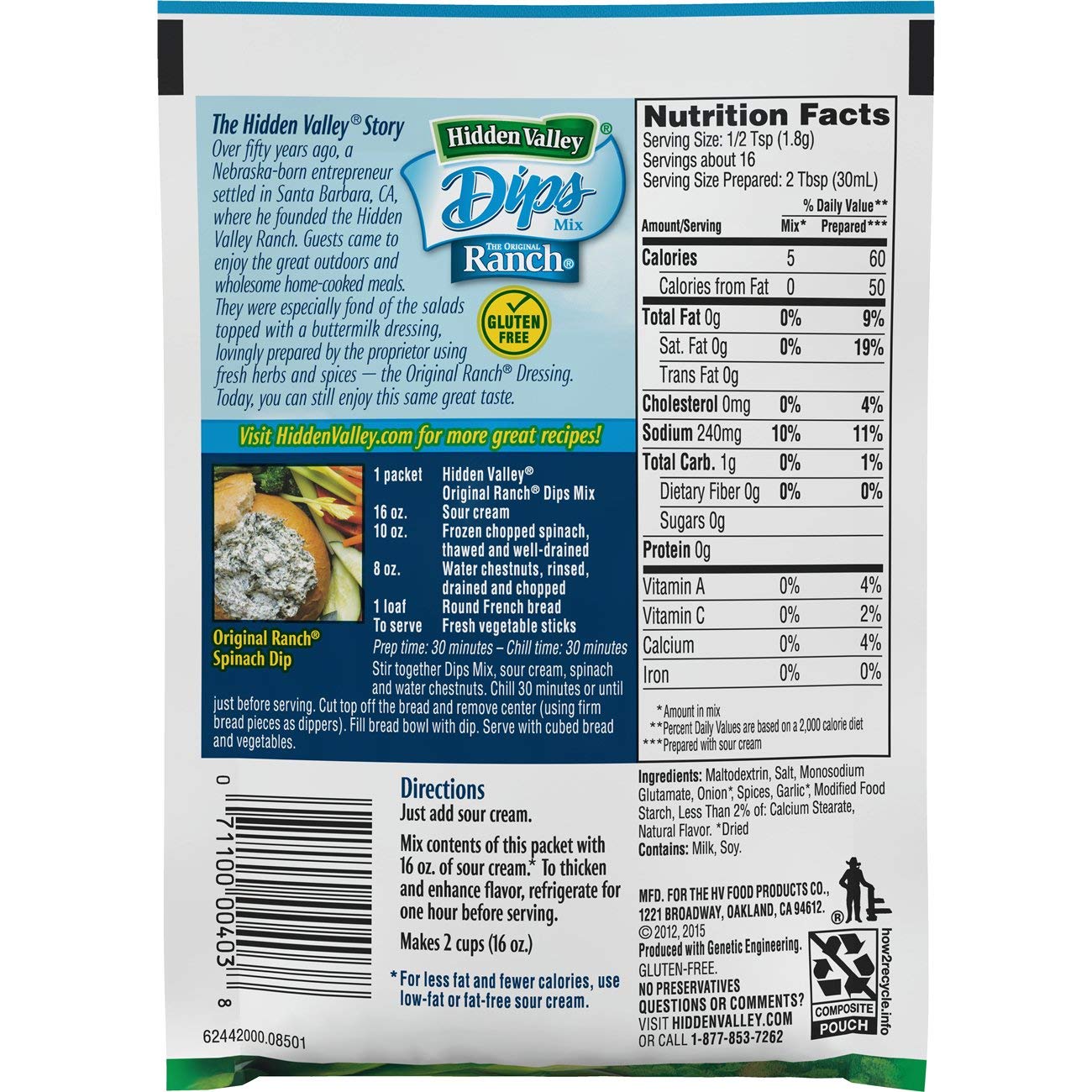 Hidden Valley Original Ranch Dips Mix, Gluten Free 8 Packets on