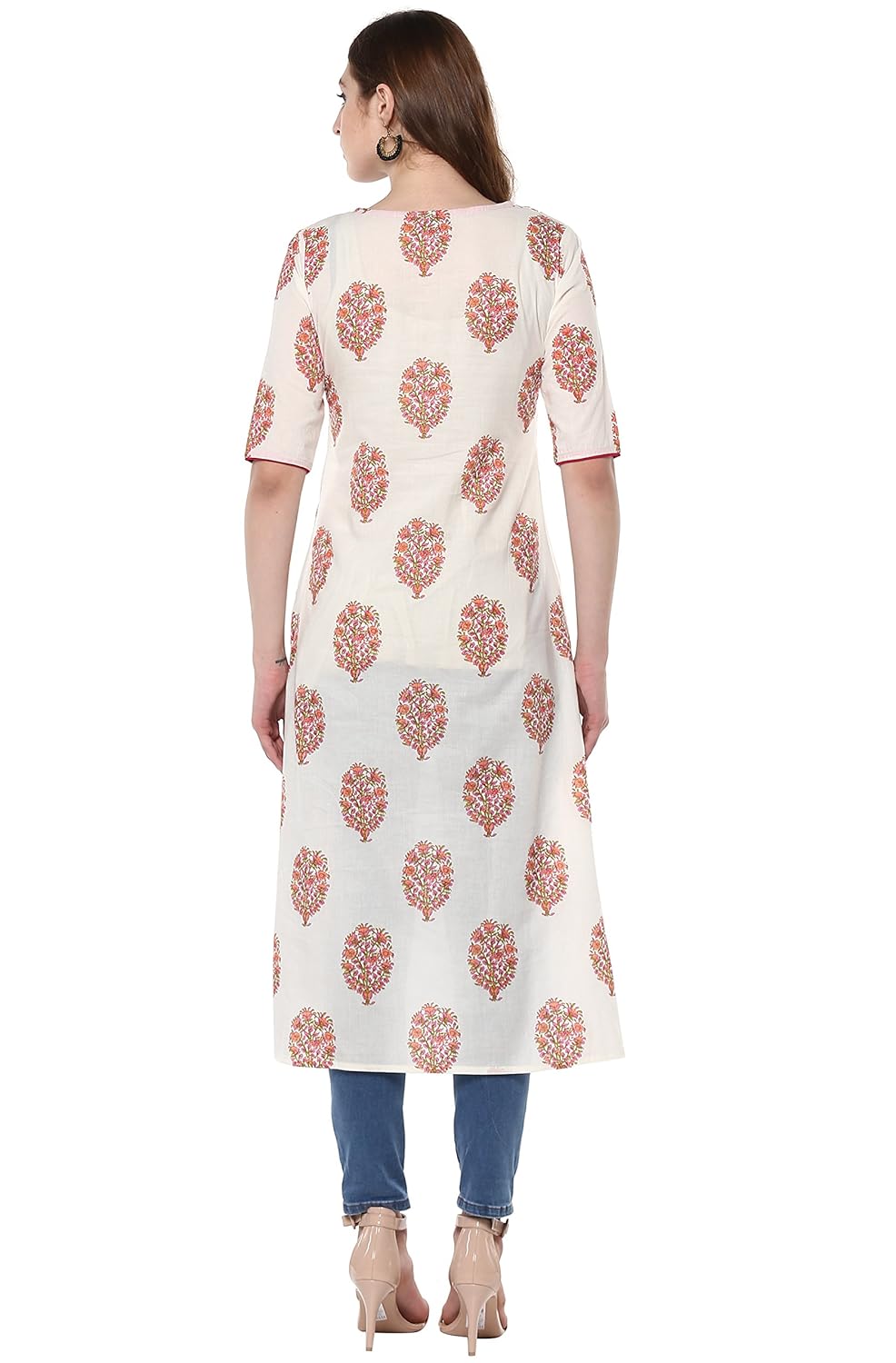 janasya women's white cotton layered floral print kurta