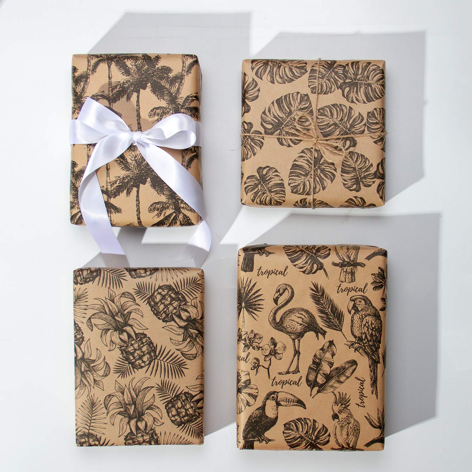 RUSPEPA Kraft Wrapping Paper Roll - Black Tropical Summer Elements Printed Great for Congrats, Holiday and Special Occasion - 4 Roll - 30Inch X 10Feet Per Roll