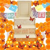 Colingmill 76Pcs Dia De Los Muertos Altar Set Wooden Ofrenda Decor, Classic | Day of the Dead Altar Ofrenda Shadow Box,LED Marigold Garlands, Papel Picado Banner, Butterflies, 3 Tier Display for Ofrenda