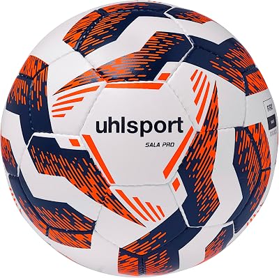 Ballon de Futsal en Salle - Sala Pro - Taille 4, Blanc/Bleu Marine/Orange Fluo