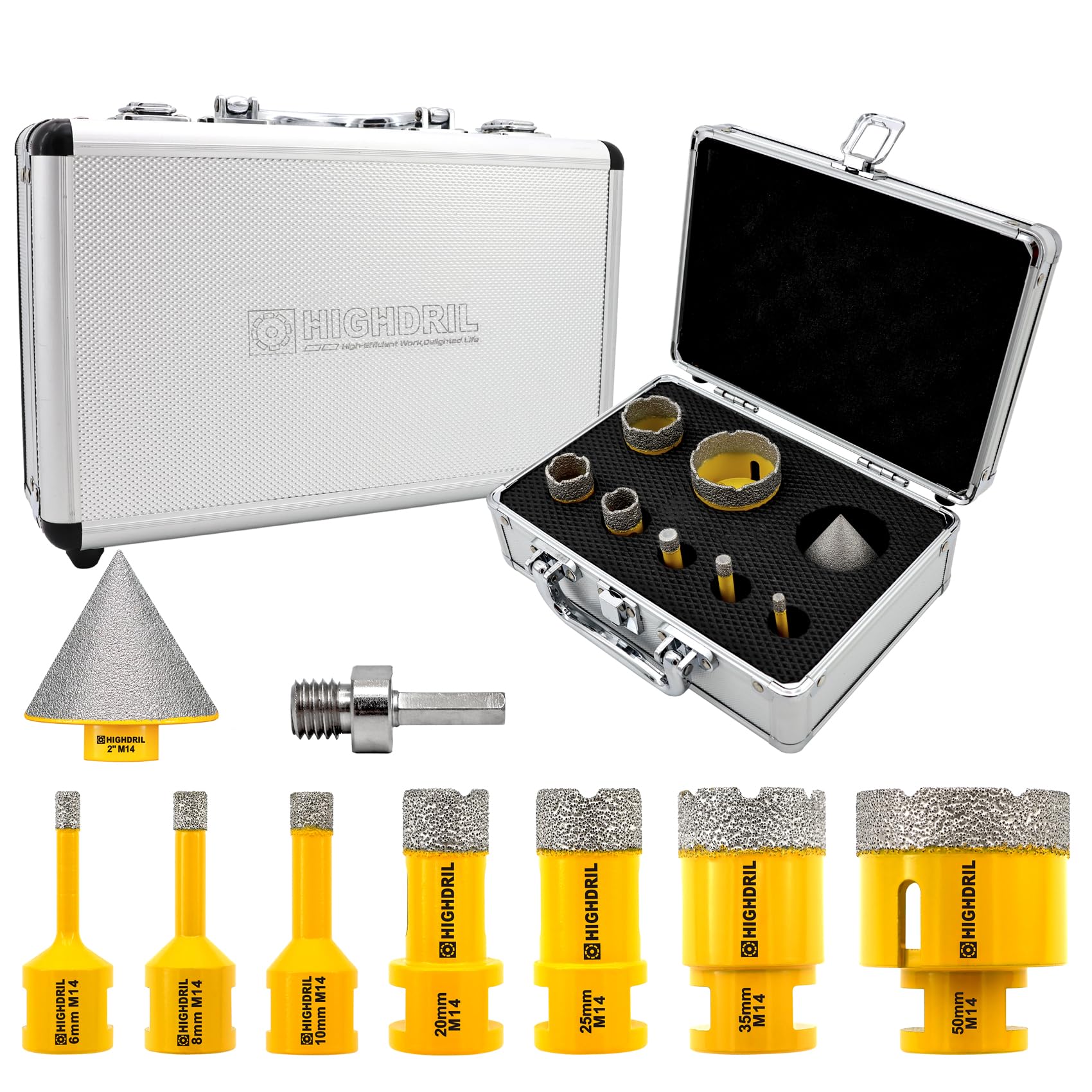 HIGHDRIL Diamond Hole Saw Kit - 6/8/10/20/25/35/50mm Drill Bits+50mm Chamfer Bit+Adapter,9Pcs Diamond Core Drill Bit Set for Porcelain Ceramic Tile Granite Marble — image 1