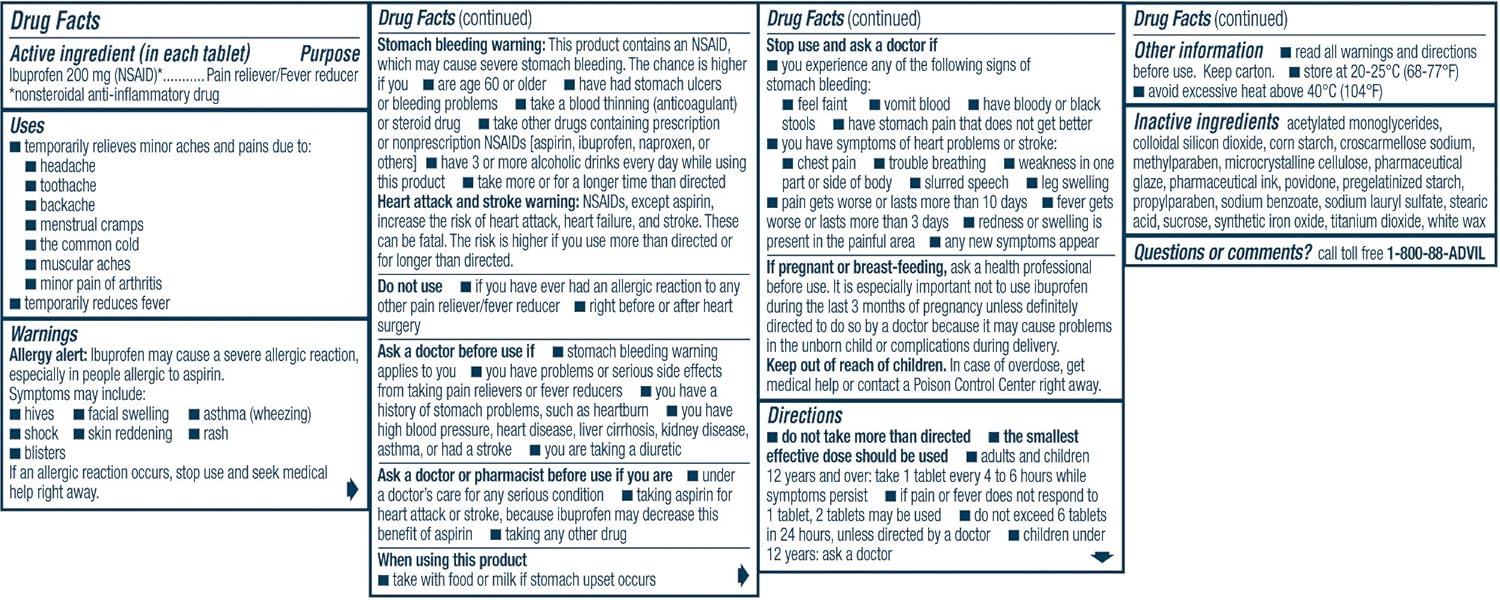 Advil Coated Tablets Pain Reliever and Fever Reducer, Ibuprofen 200mg, 24 Count, Fast-Acting Formula for Headache Relief, Toothache Pain Relief and Arthritis Pain Relief: Health & Personal Care
