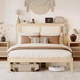 VINGLI Rattan Full Bed Frame with Rattan Headboard,Boho Platform Bed with Charging Station and Underbed Storage for Bedroom,Solid Wooden Slats Surpport, Noise Free,Natural
