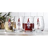 Elegant Home Set of Four (4) 20oz Holiday Festive Gnomes Christmas Stemless Clear Wine Glass For Red Or White Wine