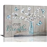 Rustic Cotton Wall Art, Farmhouse Cotton Pictures Wall Decor, Just Breathe Canvas Prints, Butterfly Painting, Framed Artwork for Bathroom Bedroom Living Room Office Home Decor 12"x16"