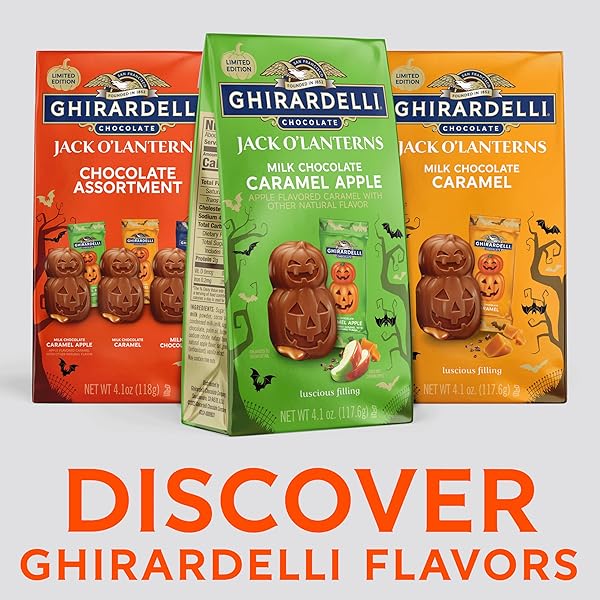 GHIRARDELLI MILK CHOCOLATE CARAMEL APPLE JACK O’ LANTERNS, 4.1 OZ BAG – HALLOWEEN CANDY FILLED WITH TART APPLE CARAMEL FOR GIFTING & SNACKING