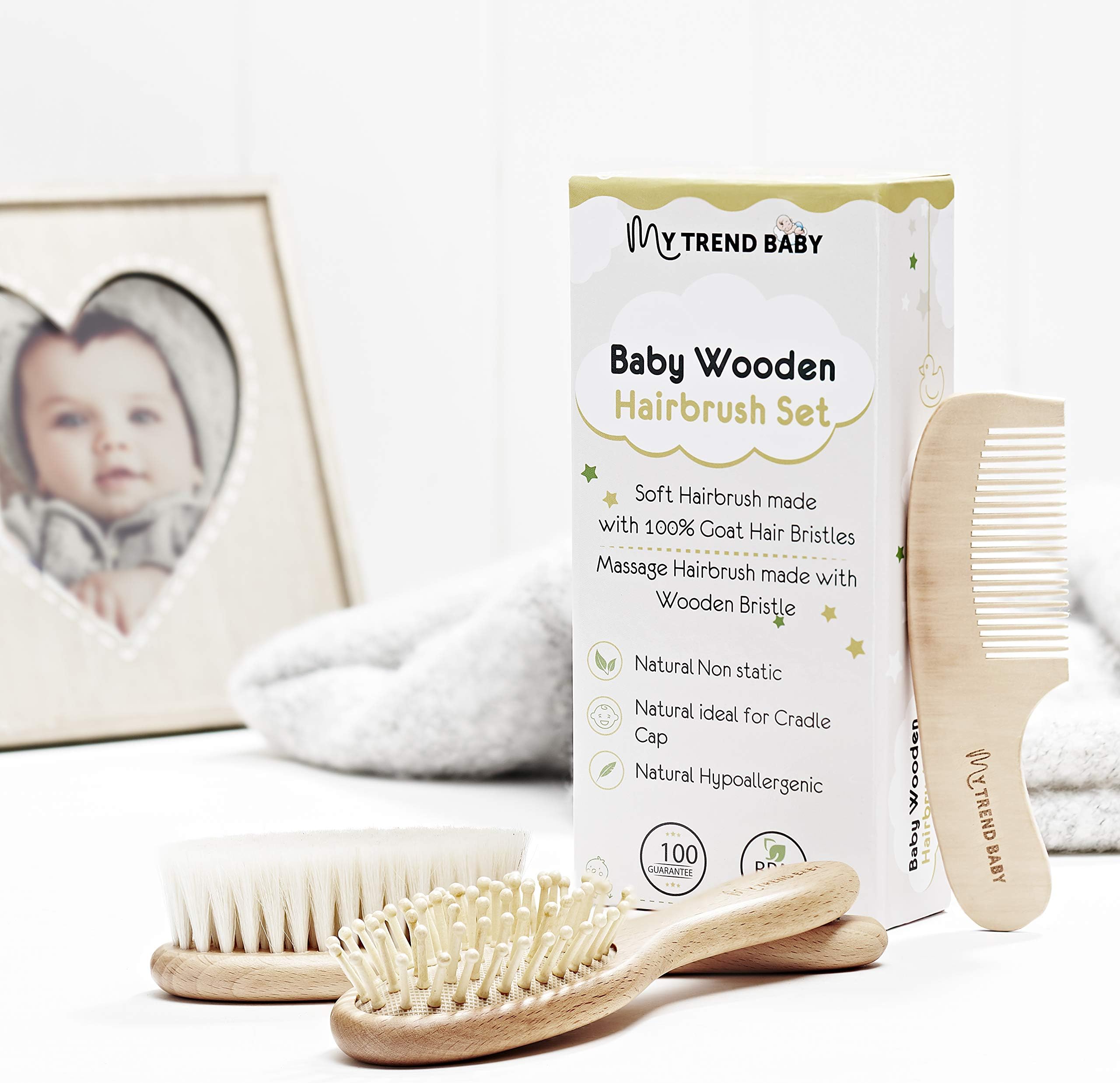 MyTrendBaby 3-Piece Wooden Baby 2 piece Hair Brush & 1 Comb Set for New-borns, Babies, Toddlers and Young Children, Brush 1 with massage bristles for babies head and brush 2 natural soft goat bristles
