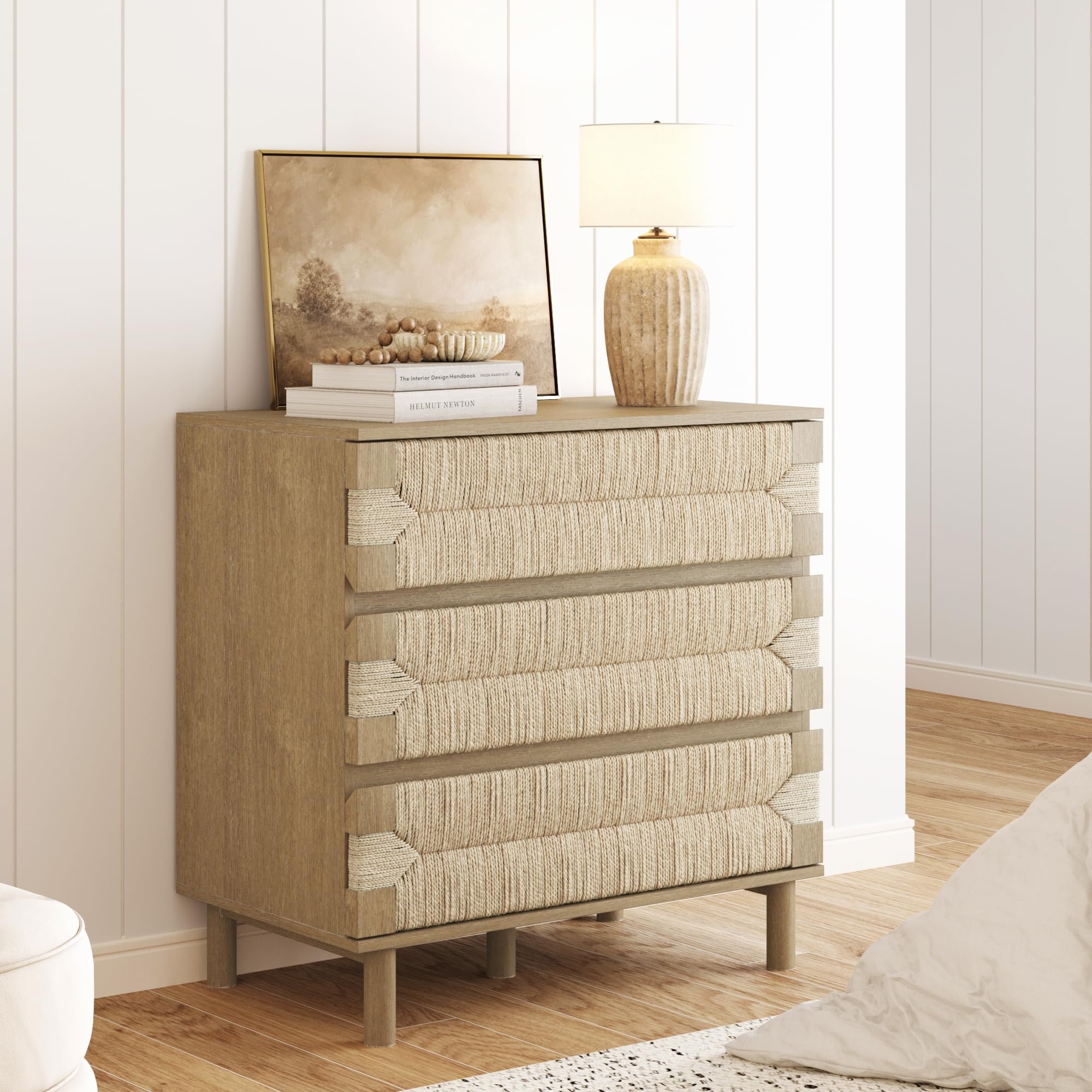 Photo 1 of (MISSING LEGS/ DAMAGES) Nathan James Beacon 3 Drawer, Light Brown Boho, Bohemian Woven Seagrass Bedroom Dresser