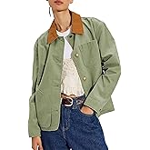 Bozanly Womens Cropped Field Jacket Contrast Collar Long Sleeve Button Up Utility Coat Outerwear with Pockets