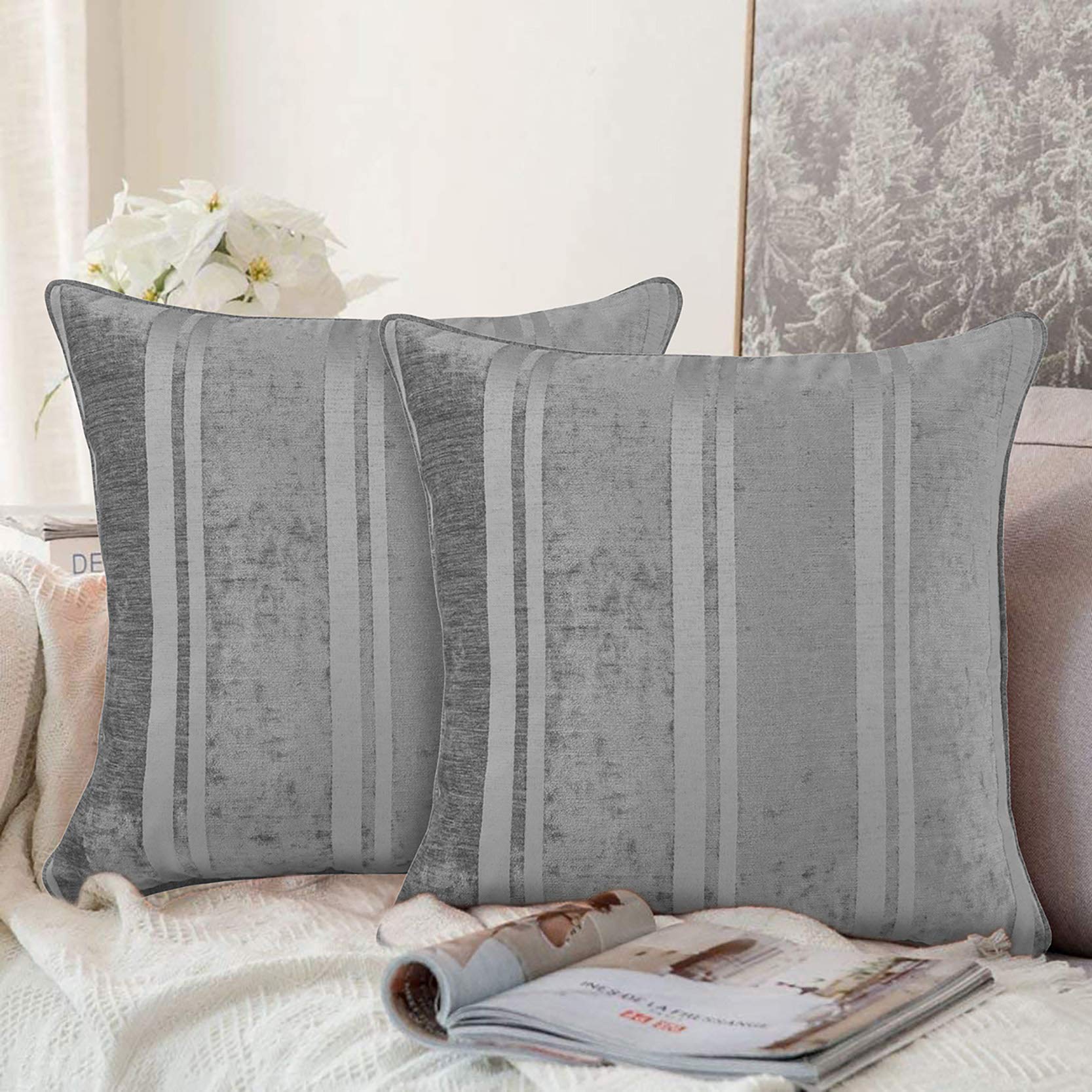 always4u Soft Chenille Silver Cushion Covers 50 x 50cm for Sofa Set of 2 Striped Decortive Square Pillowcase with Zipper 20 * 20 Inches