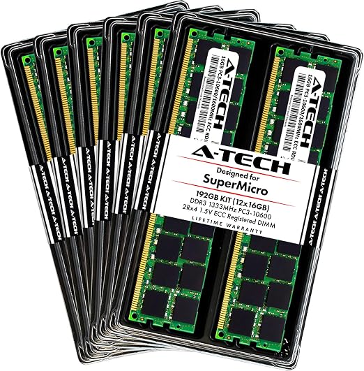A Tech 192GB 12 X 16GB DDR3 1333MHz ECC RDIMM Memory Kit For SuperMicro Super X8DTU 6F X8DTU 