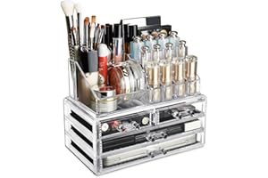 Ikee Design Acrylic Makeup Organizer with 4 Drawers and Removable Top Lipstick Holders, Ideal for Make-up or Accessories,Enhance Your Vanity or Bathroom with Clear Design for Quick Visibility