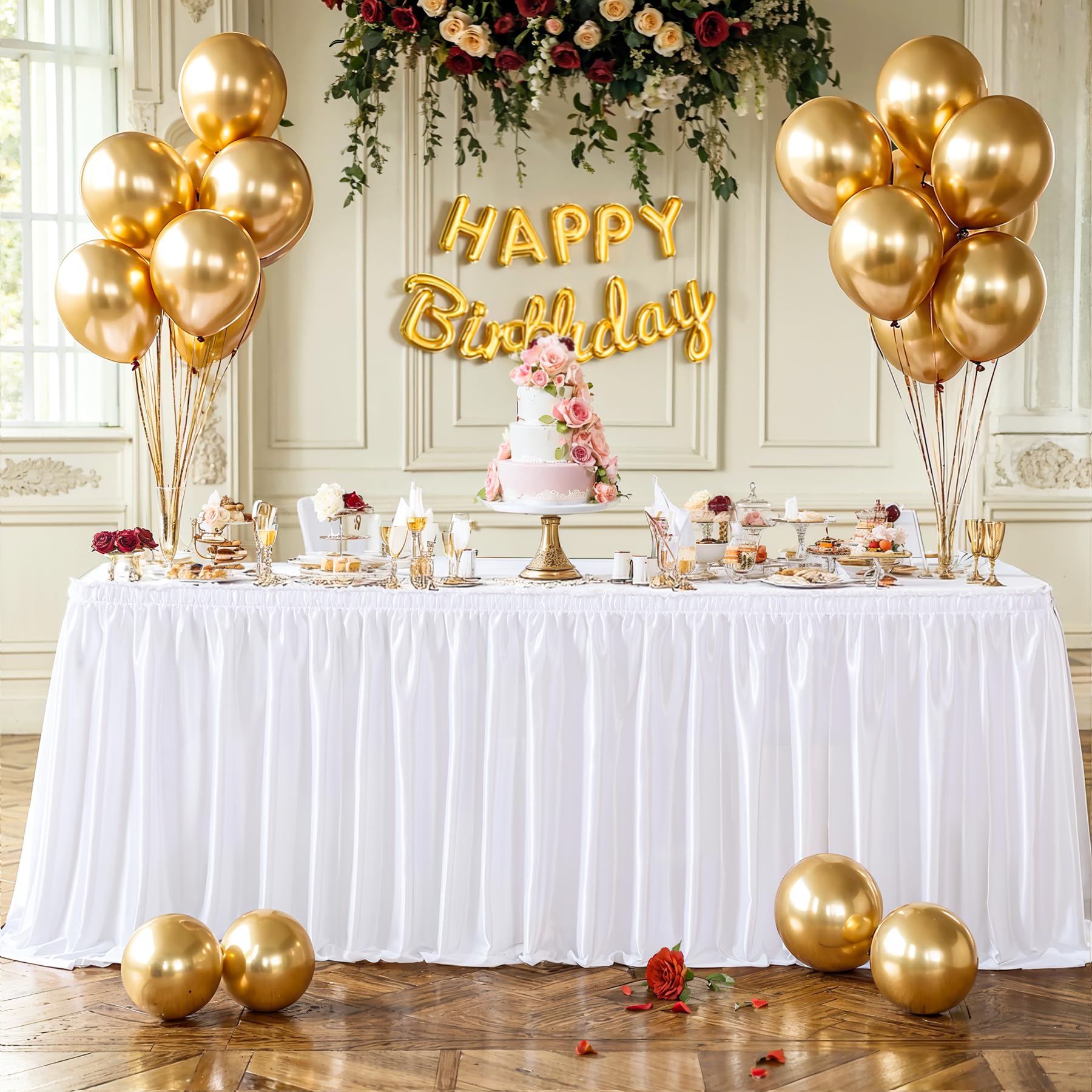 Photo 1 of Wish Care 6ft White Satin Table Skirt for Rectangle Tables Wrinkle Free Glitter Desk Skirts Pleated Ruffle Table Cloth for Wedding Birthday Baby Shower Party Banquet Cake Teacher Table Decorations