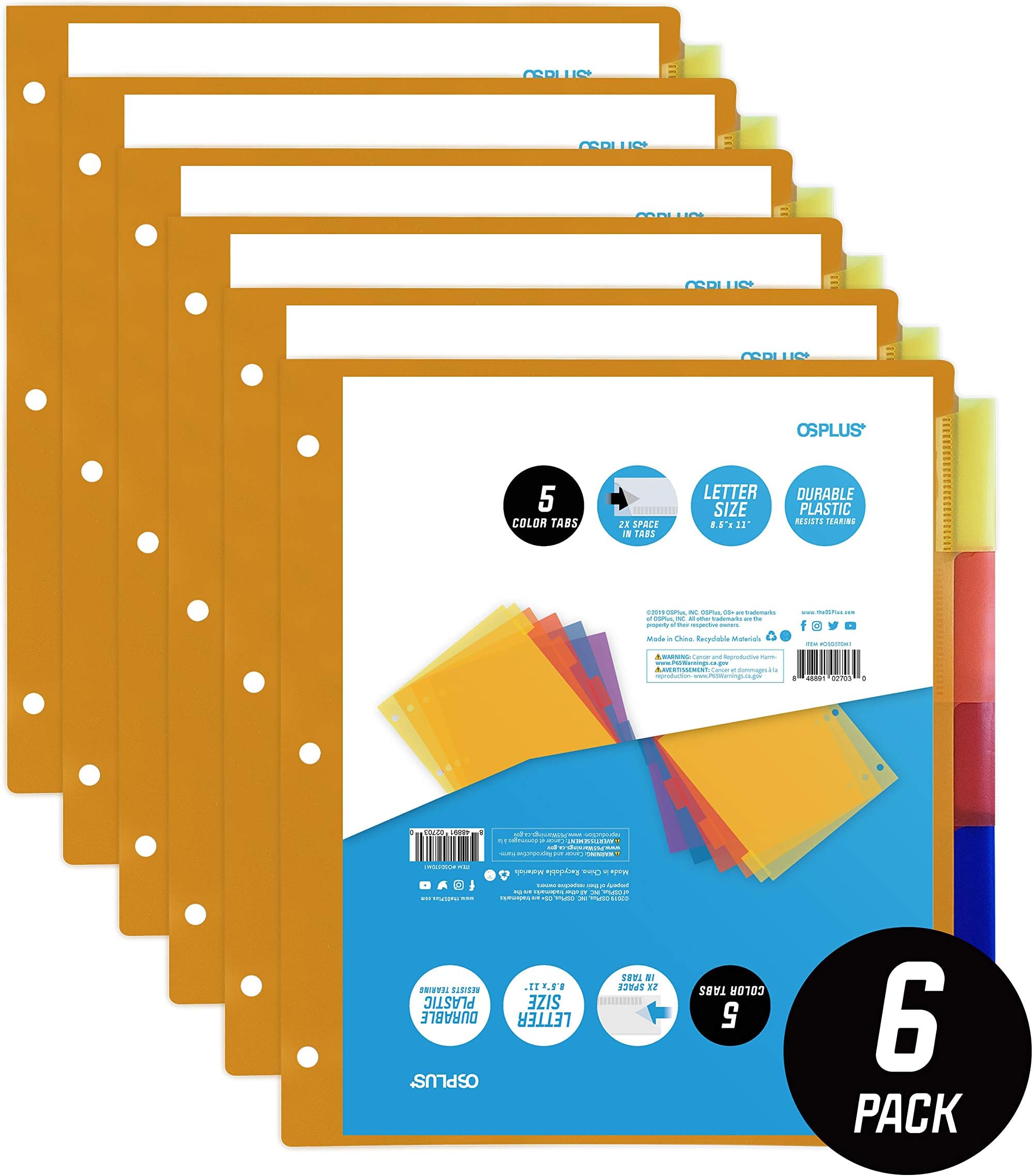 OS Plus 5-Tab Plastic Binder Dividers, Insertable Multicolor Big Tabs, 6 Sets