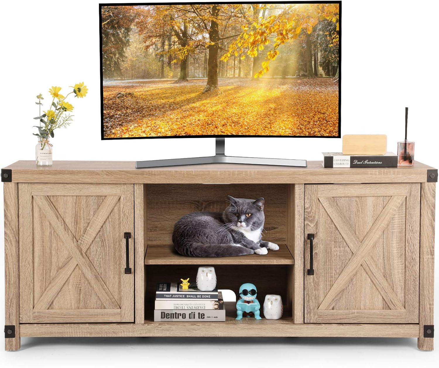 TV Console Cabinet for TVs up to 65 Inch W/Media Shelves, Farmhouse TV Stand Style Entertainment Center for Soundbar or Other Media, Barn Door TV Stand with Storage for Living Room, APRTS02L: Electronics