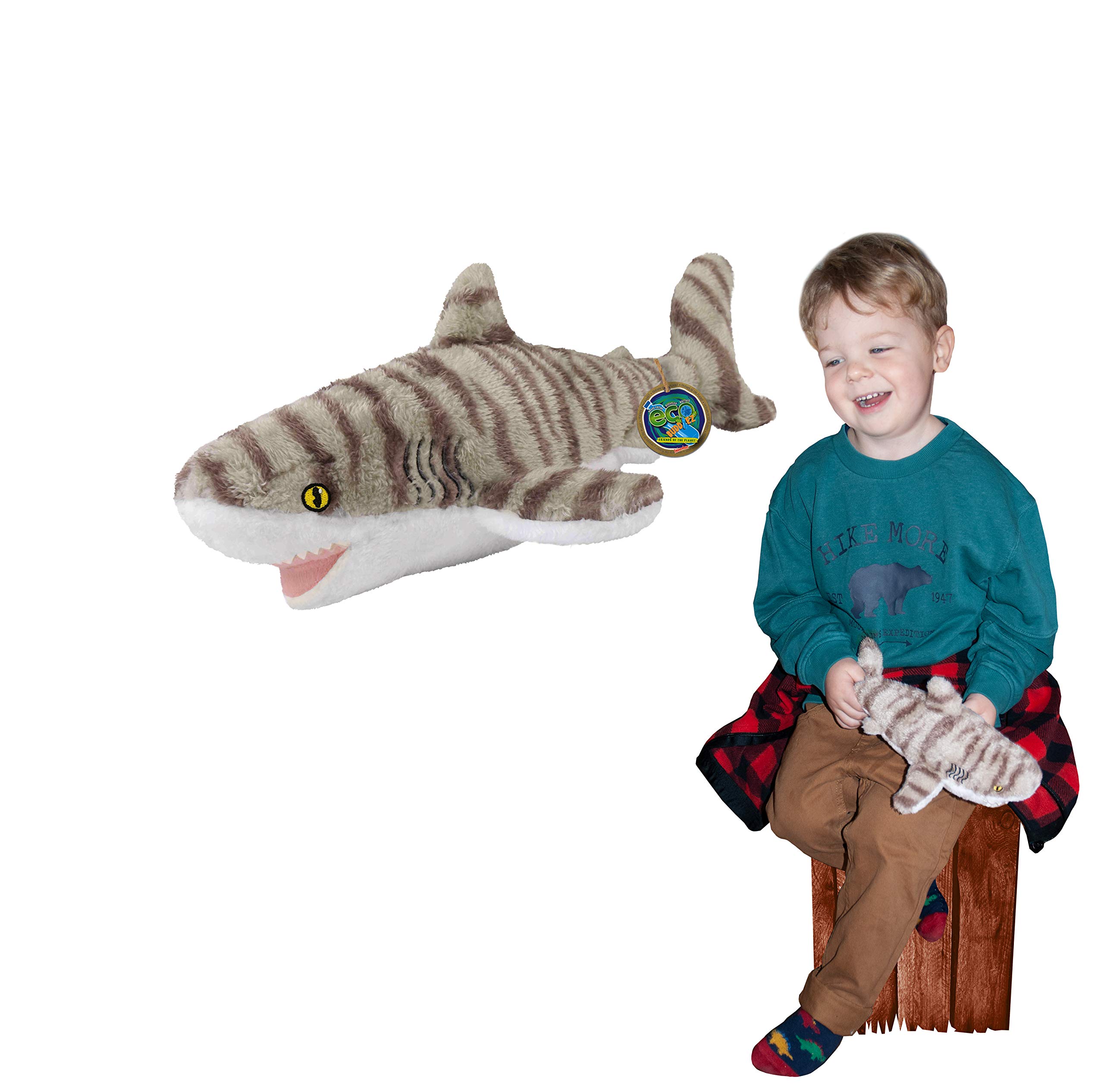 EcoBuddiez - Tiger Shark from Deluxebase. Small 33cm Soft Plush Animals made from Recycled Plastic Bottles. Eco-Friendly Cuddly Gift for Kids and Cute Stuffed Animal Toy for Toddlers.