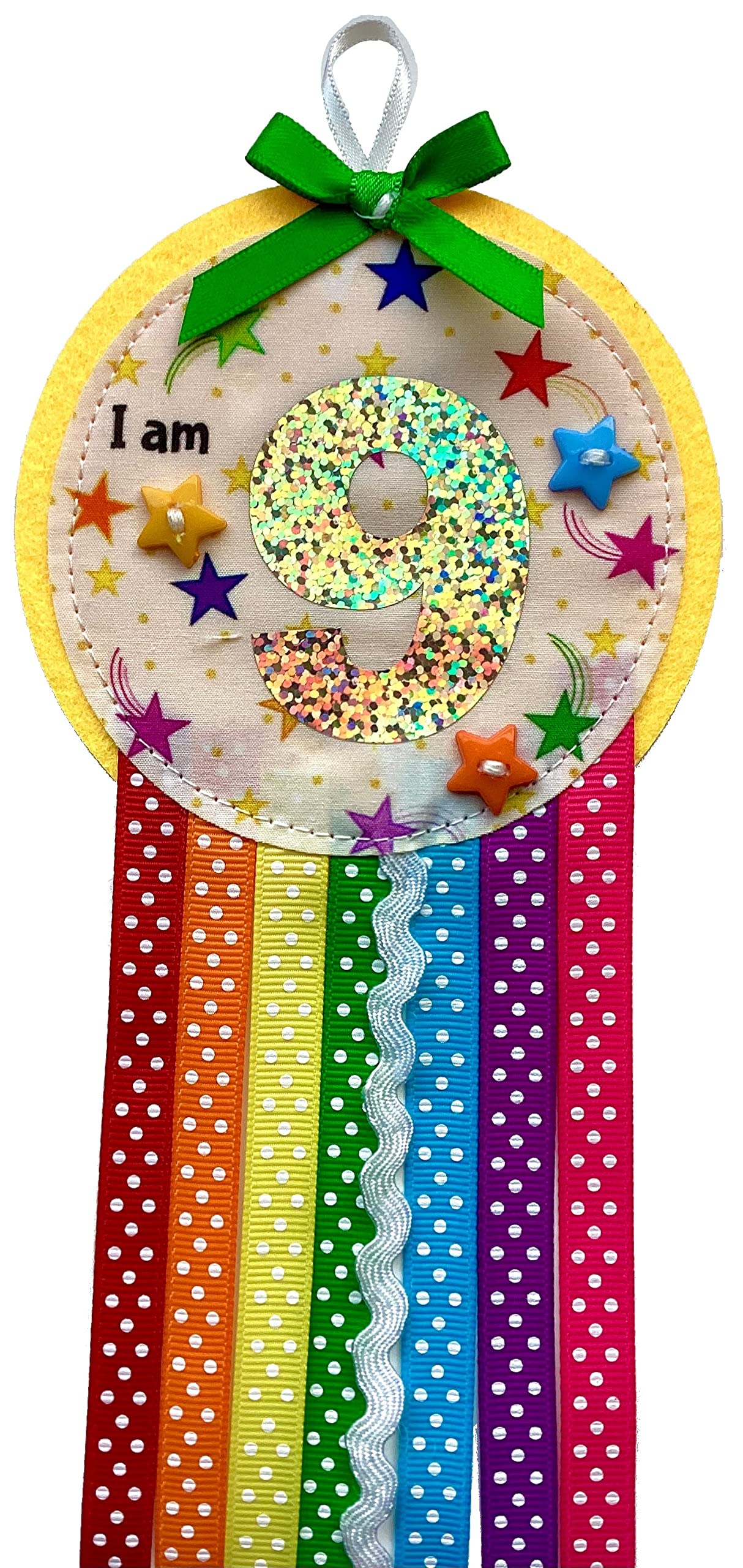 Ditsy Rosettes Rainbow Birthday Rosette Badge - Age 3, 4, 5, 6, 7, 8, 9 - Perfect Party Gift card – Birthday Boy, Birthday Girl (STARS - Age 9)