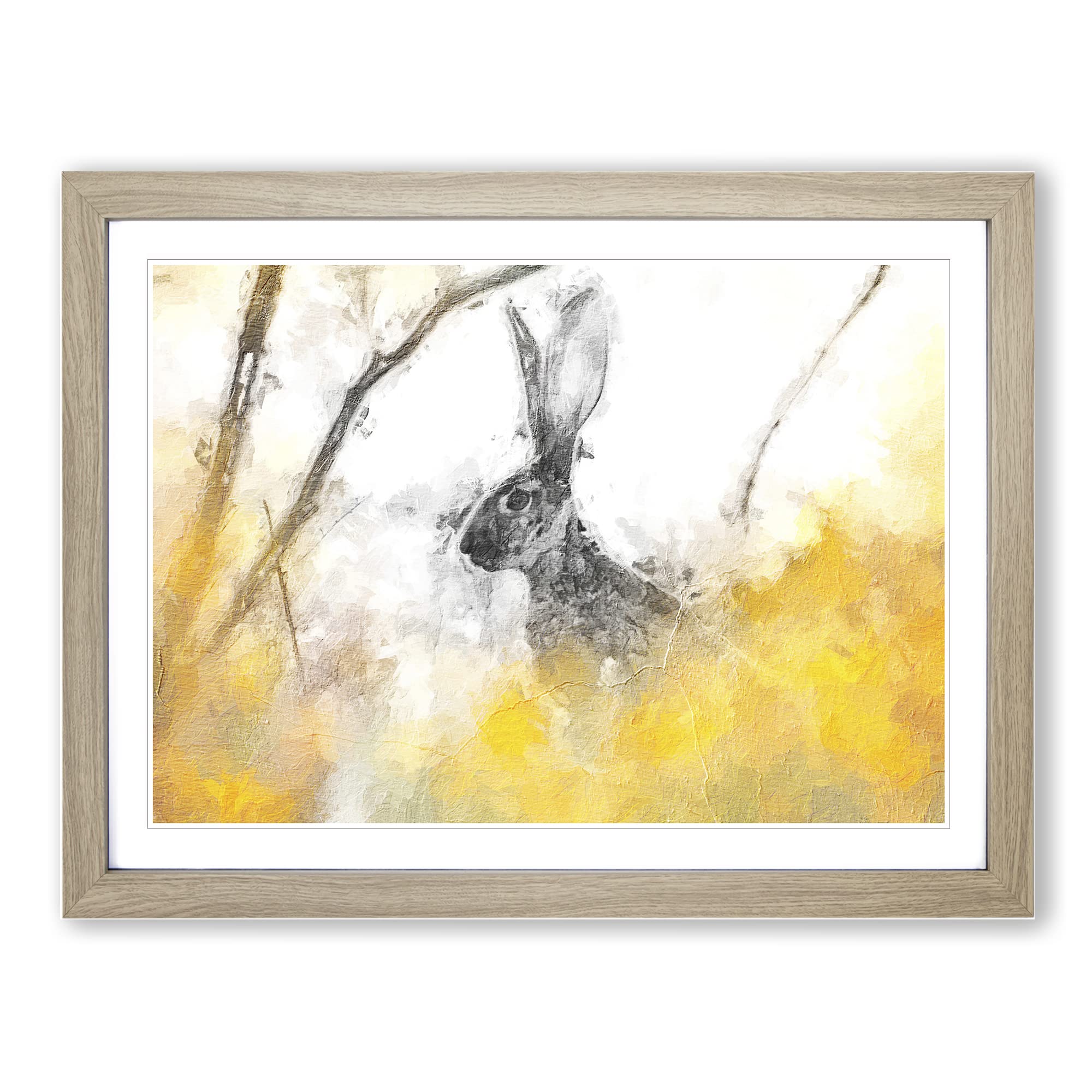 Alert Hare In The Meadow In Abstract Modern Art Framed Print | A3 Oak Framed Wall Art | Ready to Hang | Abstract Animal Picture | Living Room Bedroom Lounge Office