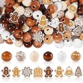 Whaline 200Pcs Christmas Wooden Beads Round Loose Bead Gingerbread Man Snowflake Craft Beads for Xmas Farmhouse Ornament DIY Making Winter Decor