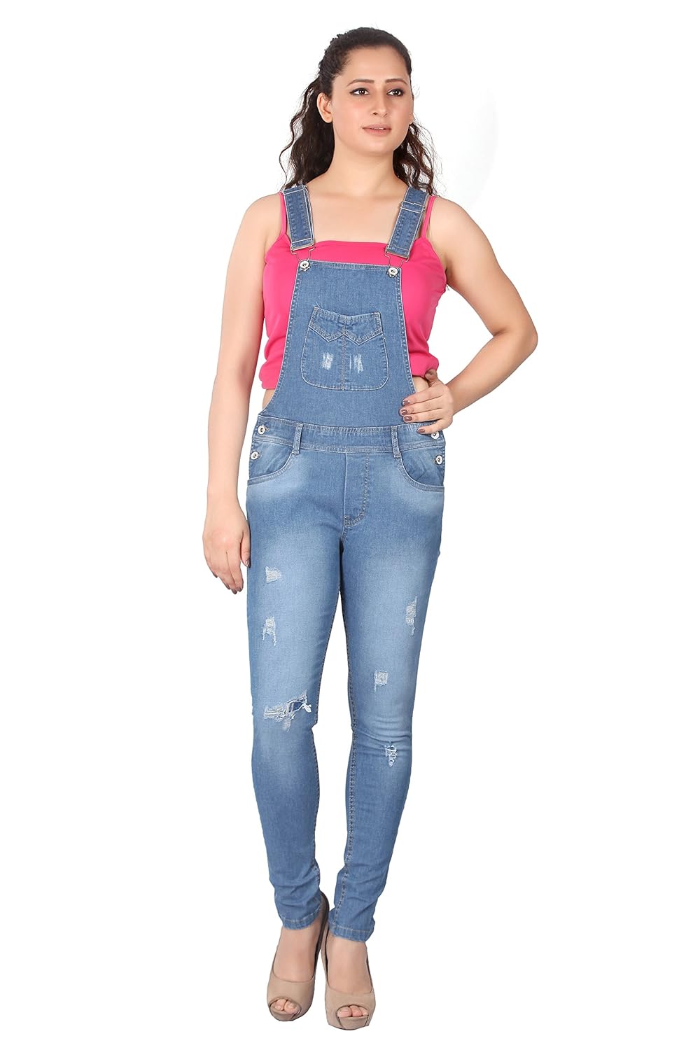 fck-3 women's mild distressed stretchable denim dungaree