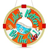 Juexica Life is Better by The Pool Sign Summer Wooden Lifesaver Rings Outdoor Pool Decor Hanging Nautical Pool Sign Wood Beach Life Preserver Ring Wall Decoration for Pool Deck