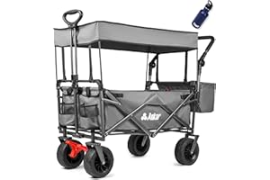 AUKAR Collapsible Canopy Wagon - Heavy Duty Utility Outdoor Foldable Garden Cart - with Adjustable Push Pulling Handles,Big Wheels for Sand, for Shopping, Picnic, Camping, Sports - Grey