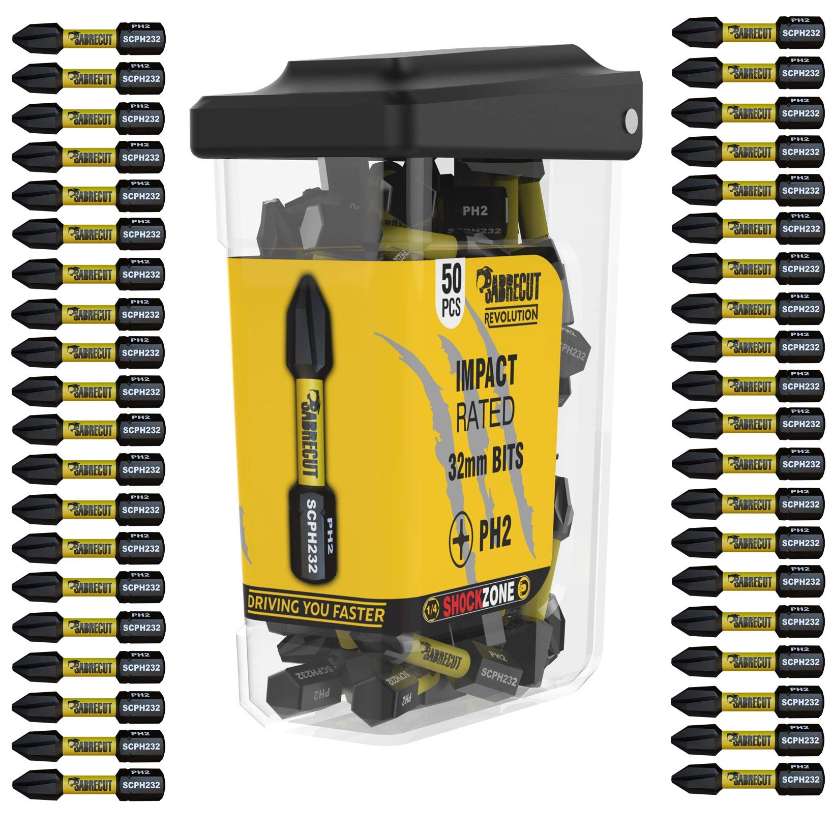 50 x SabreCut SCRPH23250B 32mm PH2 Magnetic Impact Screwdriver Driver Bits Set Single Ended Phillips Heavy Duty