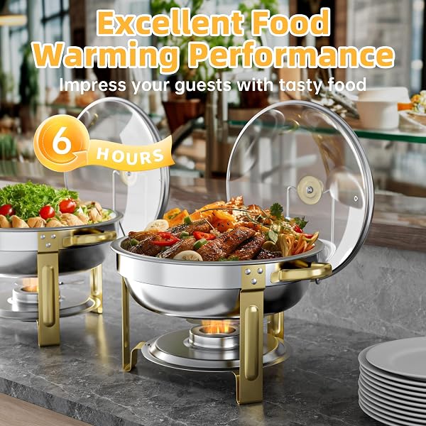 GGIU CHAFING DISHES FOR BUFFET SET: 100% PRE-INSTALLED CHAFERS FOR CATERING – ROUND CHAFING DISH BUFFET SET WITH LIDS | CHAFERS AND BUFFET WARMERS SETS | SERVING FOOD WARMER | CHAFERS SERVERS SETS