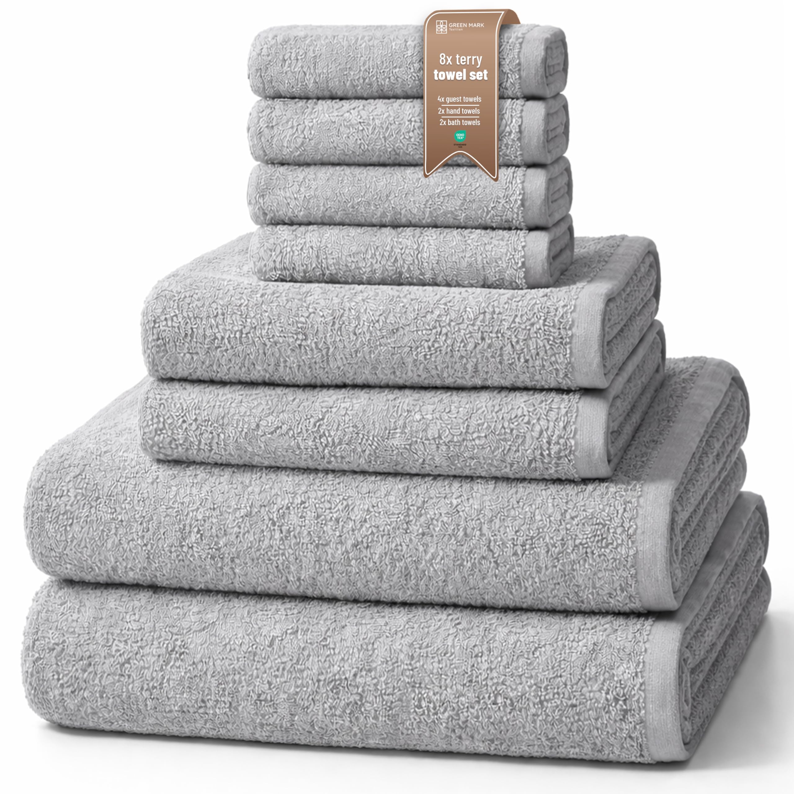 NatureMark 8-Piece Terry Towel Set with Various Sizes – 4 Guest Towels, 2 Hand Towels, 2 Bath Towels | Colour: Silver Grey | 100% Cotton