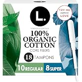 L. Tampons, Made with Organic Cotton, Regular/Super Absorbency, Multipack, Made Without Synthetic Pesticides, Rayon or Fragrances, Applicator Made Without BPA, Leak-Stopping Design, 18 Count