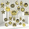 Zonon 30 Pieces Ramadan Mubarak Decorations, Eid Mubarak Hanging Swirl Shining Gold Star Moon Lantern Ceiling Foil Decor for Eid Al-fitr Party Egyptian Holiday Decorations Supplies (Black and Gold)