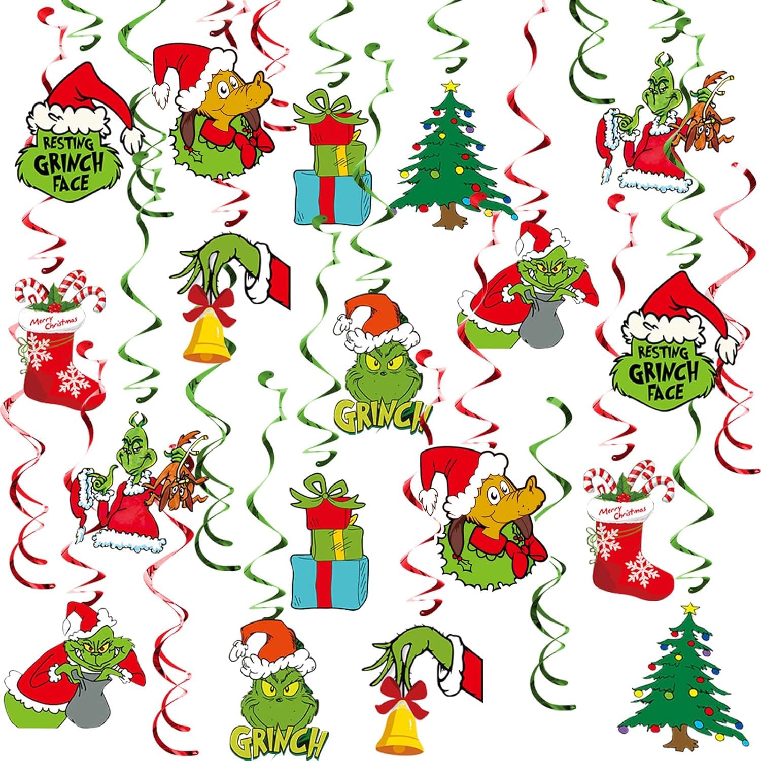 13 Pcs Grinchmas Hanging Swirl Decoration Kit Merry Christmas Decorative Ornaments Garland Xmas Tree Socks Gift Box Grinch Foil Hanging Ceiling for Xmas Winter Holiday Party Decor Supplies