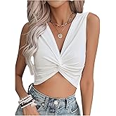 SOLY HUX Women's Twist Knot Front Tank Top V Neck Sleeveless Summer Crop Tops
