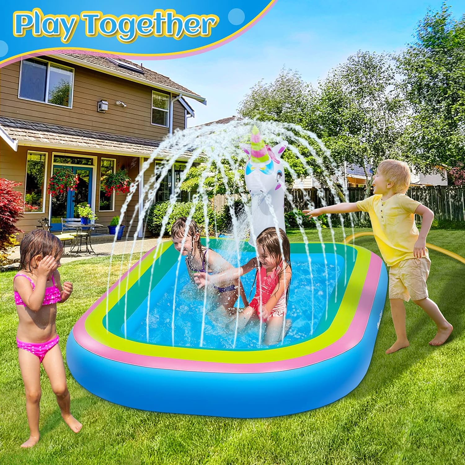 iBaseToy Unicorn Sprinkler Pools for Kids, Splash Pad Inflatable Kiddie Pool for Outside, Splash Mat Baby Paddling Pool for Backyard, Water Sprinkler Toys Games for Summer Outdoor Toddlers Play - 68": Toys & Games