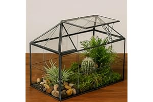 HighFree Geometric Terrarium Planter with Swing Lid, House Shape Black Handmade Glass Box, Vintage Tabletop Miniature Terrari