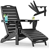 Ciokea Folding Adirondack Chair with Retractable Ottoman Fire Pit Patio Chair with Pull Out Foot Rest Weather Resistant Lawn Outdoor Lounge Chair with 2 Cup Holder (Black)