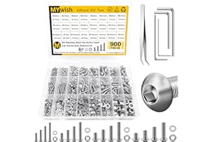 Mywish 900Pcs Metric Screw Assortment, M3 M4 M5 M6 Screw Assortment Kit 304 Stainless Steel Hex Socket Button Head Socket Cap Metric Screws Bolts & Flat Washers/Nuts/Hex Wrenches 16 Sizes 8MM to 20MM