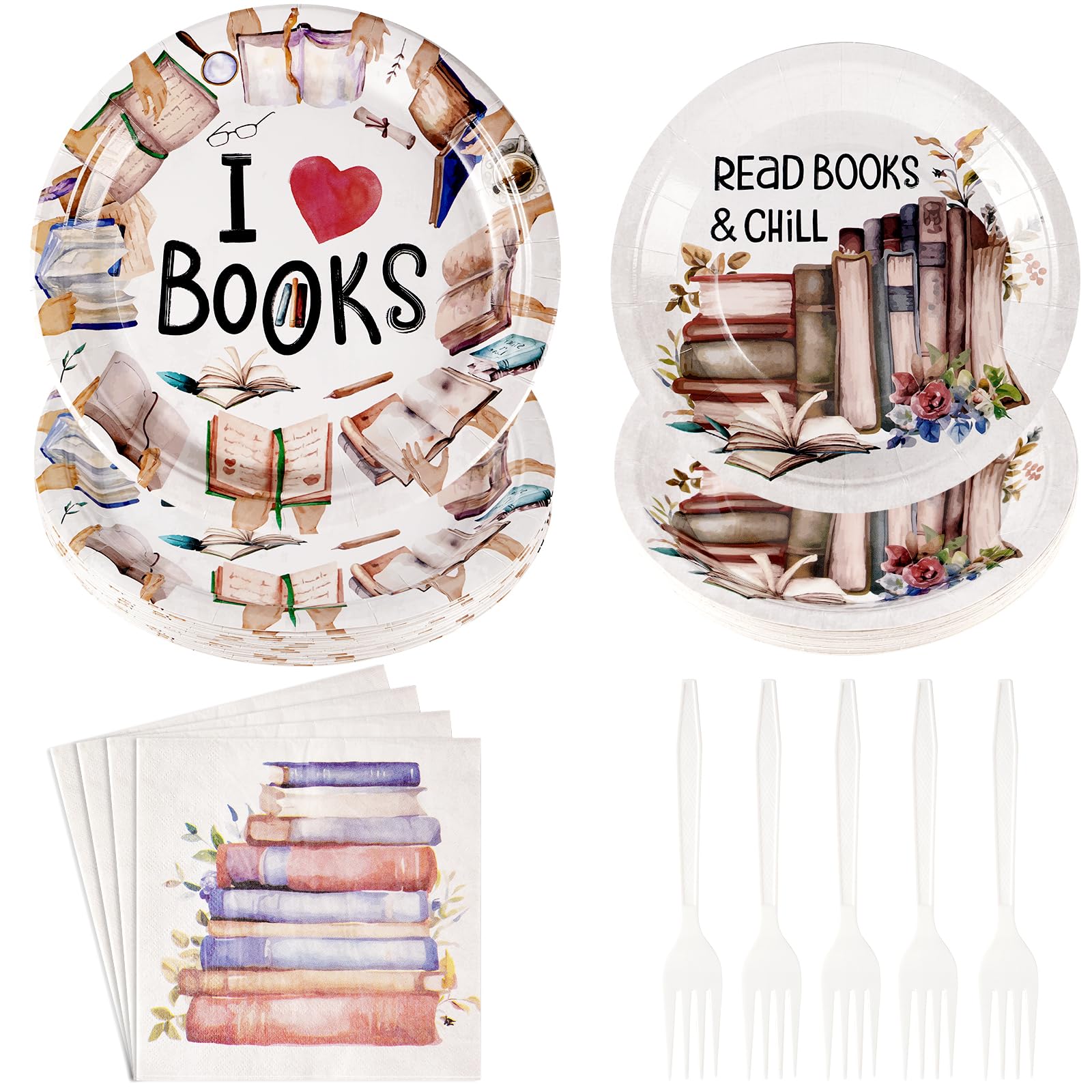 Photo 1 of Grencian 96 Pcs Book Themed Party Decorations Book Plates and Napkins Disposable Books Club Paper Tableware Set for Books Club Library Reading Theme Birthday Party Supplies Serves 24