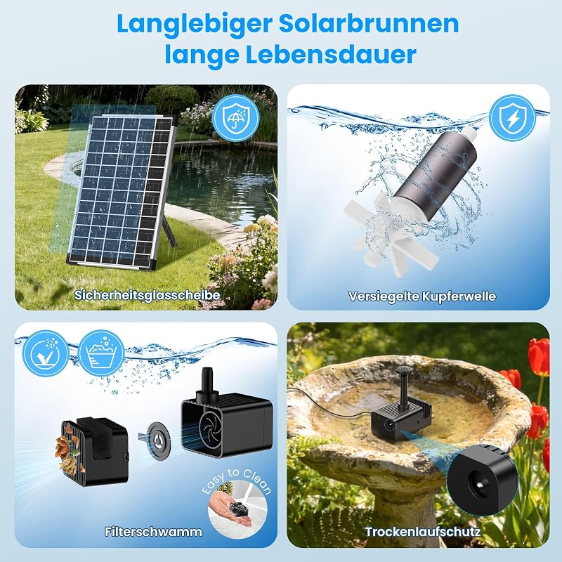 12W Solar Springbrunnen mit 5000mAh Reserveakku bis 600L Teiche