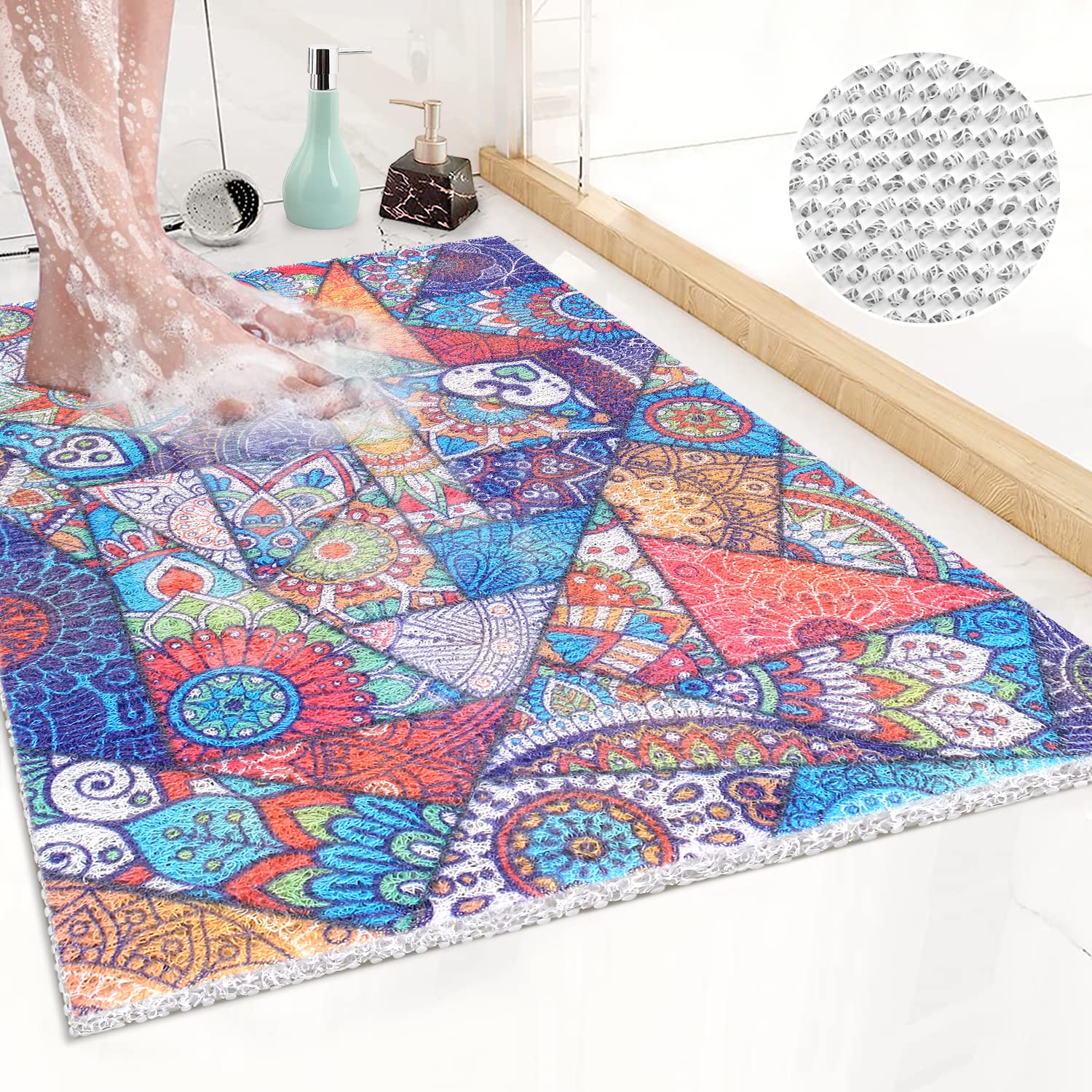 Shower Mat Non Slip Anti Mould, 40 x 60 cm Loofah Shower Mats for Inside Shower, Soft PVC Long Shower Mat with Drain for Elderly, Washable Bathtub Mat for Bathroom Wet Shower Areas, Quick Dry