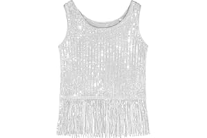 Noomelfish Girls Sequin Fringe Crop Tops Tassel Sparkly Glitter Dance Sleeveless Tank Shirt (5-12 Years)
