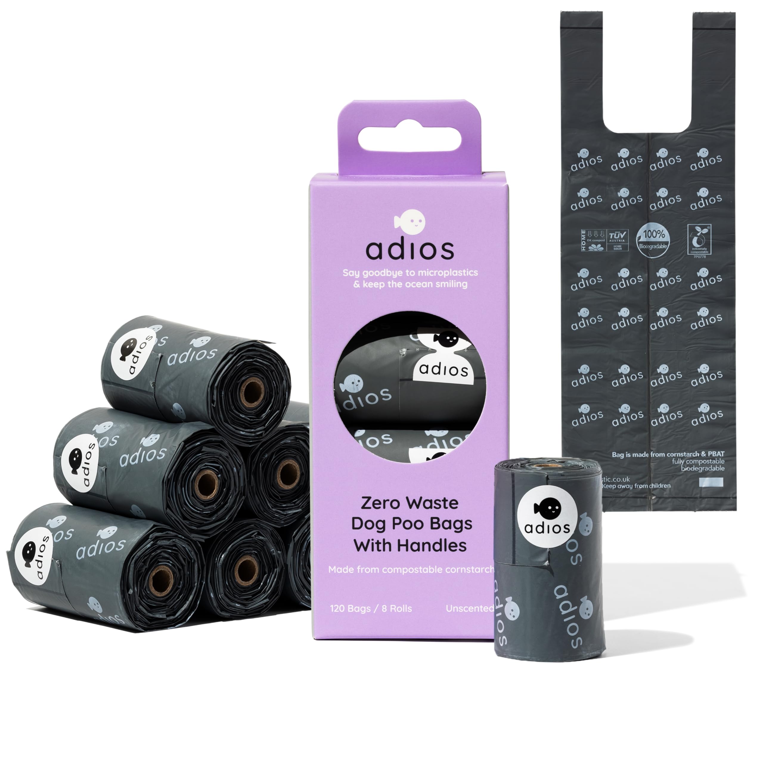 Adios Plastic - Compostable Dog Poop Bags with Handles, 120 Count (8 Rolls) - Grey Colour - Extra Thick, Leakproof, Odour Proof Dog Waste Bags - Made from Compostable Cornstarch - Easy Tear Rolls