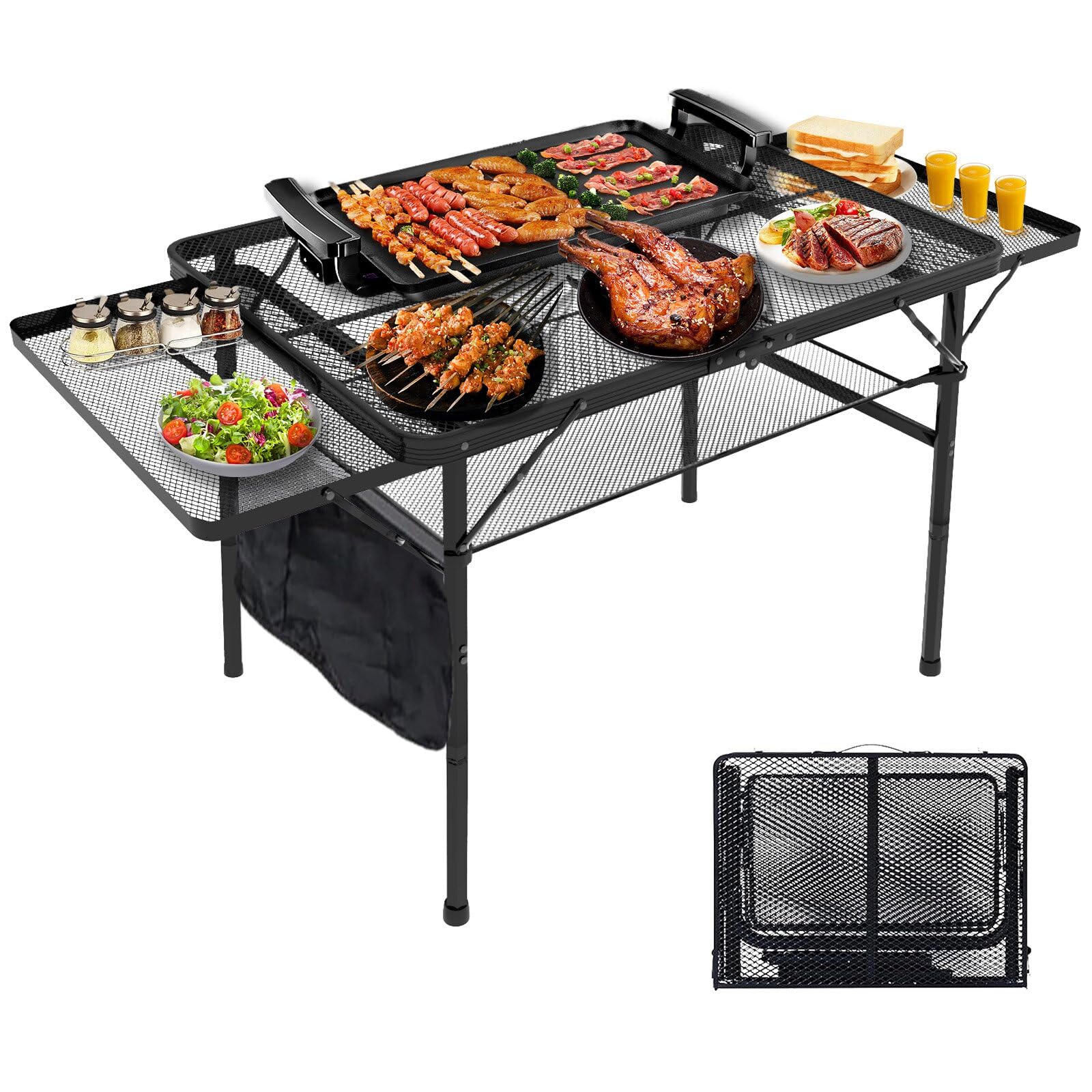Photo 1 of Folding Grill Table With 2 Wing Panels, Portable Camping Table with Mesh Desktop & Mesh Bag, Ligheweight Adjustable Height Metal Table for Outside, Camping, Beach, BBQ, 4.4FT