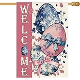 AVOIN colorlife Spring Easter Eggs House Flag 28x40 Inch Double Sided Outside, Blue and White Chinoiserie Rustic Yard Outdoor Flag