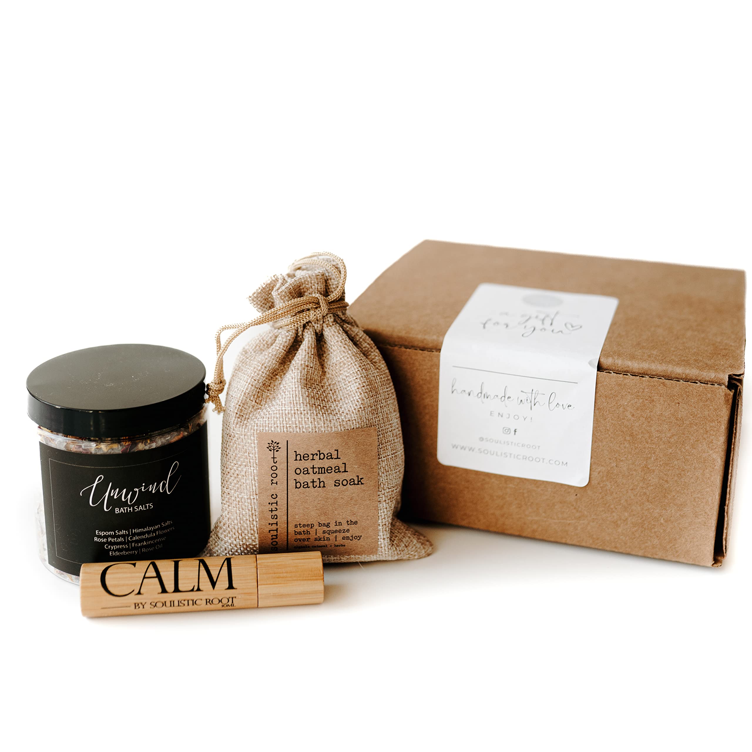 Relaxing Bath Gift Set, Luxury Spa Gifts for Women, Self Care Products for Women and Men, Calm Essential Oil Roller, Oatmeal Lavender Bath Soak & Epsom Salts with Essential Oils
