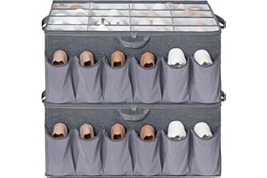 STORAGEIDEAS Shoe Organizer for Closet, Shoe Storage Solution with Clear Cover & Adjustable Dividers, Fabric Shoe Box Fits 16 +12 Pairs Shoes, Grey, 2-Pack