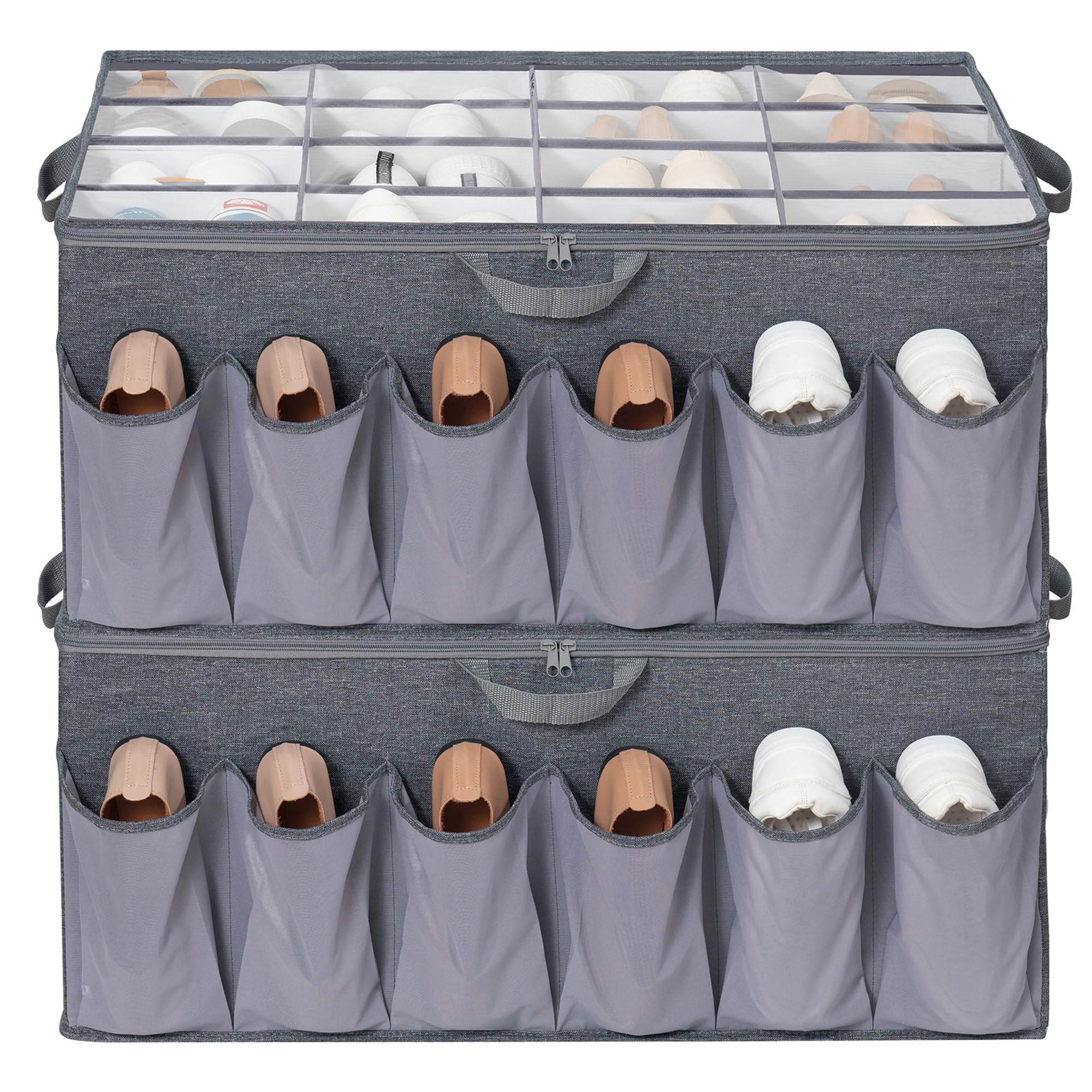 Photo 1 of STORAGEIDEAS Shoe Organizer for Closet, Shoe Storage Solution with Clear Cover & Adjustable Dividers, Fabric Shoe Box Fits 16 +12 Pairs Shoes, Grey, 2-Pack