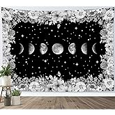 LB Moon Phase Floral Tapestry, Black and White Moon Phase with Flowers in Space Tapestry for Bedroom, Bright Stars Wall Decor for Bedroom Wall Art for Living Room Dorm Home Decor, 60 x 40 Inches