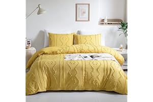 WARMDERN Boho Duvet Cover Set, Tufted Bedding Duvet Covers Soft Washed Microfiber Duvet Cover King Size, 3 Pieces Embroidery Shabby Chic Duvet Cover with Zipper Closure(Yellow, King)